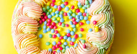 Madeira sponge coated with yellow colour frosting, layered with plum and raspberry jam, filled and topped with multicolour chocolate nibs and decorated with multicolour frostings and sugar decorations, pinata cakeの写真素材