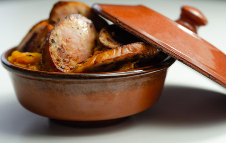 Traditional Polish dish called bigos made of sauerkraut, sausage and mushrooms, food served warm in a ceramic bowl, Eastern European foodの写真素材