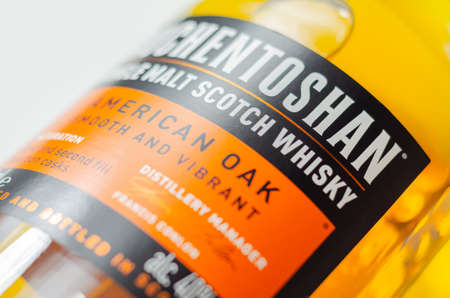 LONDON, UNITED KINGDOM - MAY 8, 2021 Bottle of Auchentoshan, single malt scotch matured in bourbon casks, made at a Scottish Lowlands distillery near Glasgowのeditorial素材