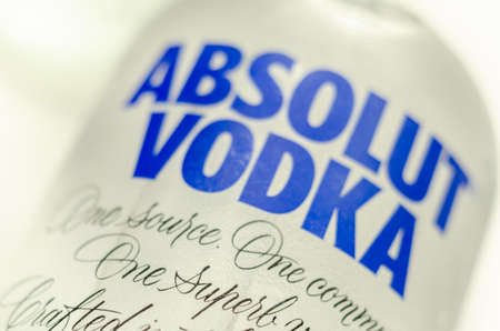 LONDON, UNITED KINGDOM - AUGUST 10, 2021 Bottle of Absolut vodka blue, produced from winter wheat and deep waters, crystal clear vodka from southern Swedenのeditorial素材