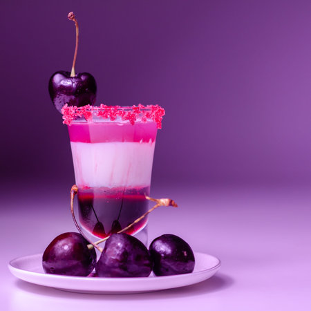 Three-layer cocktail based on vodka, cherry liqueur and syrup in drink shot glass, decorated with fresh cherry and red sugar, colorfull drinkの写真素材