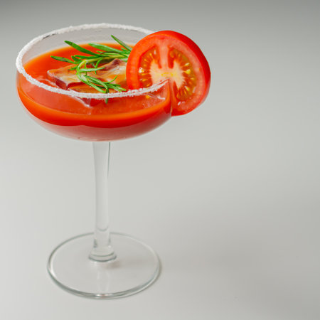 Bloody Mary cocktail prepared with pure vodka, tomato juice and hot pepper sauce, drink decorated with a slice of tomato, drink hair of the dogの写真素材