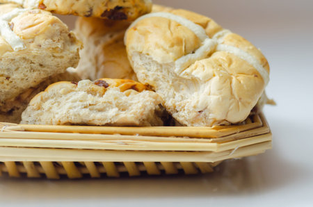 Traditional hot cross buns, bread with characteristic decoration in the shape of a cross, bakery