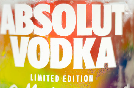 LONDON, UNITED KINGDOM - AUGUST 20, 2021 Bottle of Absolut vodka blue with a limited label with the rainbow flag, produced in Sweden, LGBT prideのeditorial素材