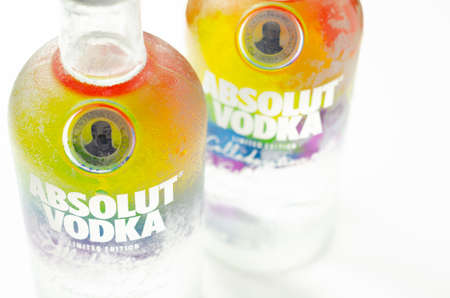 LONDON, UNITED KINGDOM - AUGUST 20, 2021 Bottle of Absolut vodka blue with a limited label with the rainbow flag, produced in Sweden, LGBT prideのeditorial素材