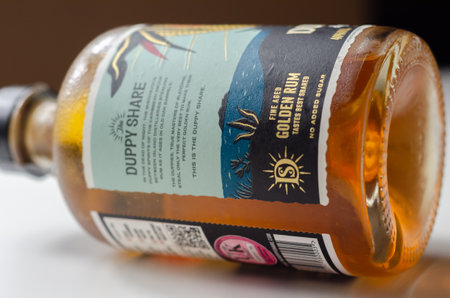 LONDON, UNITED KINGDOM - AUGUST 23, 2021 Caribbean rum The Duppy Share sourced from two distilleries, the blend contains a 3-year old 100% Pot Still rum from the Worthy Park Distillery, Jamaica combined with a 5-year old 100% Column Still rum from the Fouのeditorial素材
