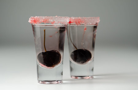 Drink  based on vodka, transparent cherry liqueur and syrup in drink shot glass, decorated with...