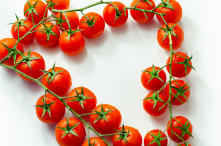 Covered with drops of water, fresh tomatoes with sprigs on white background, vegetablesの写真素材