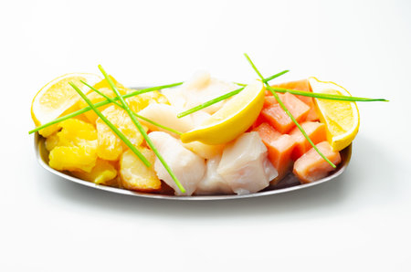 Fish pie mix, defrosted, skinless and boneless cod, dyed smoked haddock and salmon, sea food