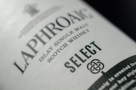 LONDON, UNITED KINGDOM - OCTOBER 30, 2021 Bottle of Laphroaig Select, single malt scotch matured in...