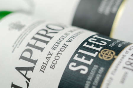 LONDON, UNITED KINGDOM - OCTOBER 30, 2021 Bottle of Laphroaig Select, single malt scotch matured in american oak casks, made at a Scottish distillery  on the Islayのeditorial素材