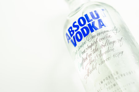 LONDON, UNITED KINGDOM - AUGUST 20, 2021 Bottle of Absolut vodka blue, produced from winter wheat and deep waters, crystal clear vodka from southern Swedenのeditorial素材