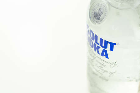 LONDON, UNITED KINGDOM - AUGUST 20, 2021 Bottle of Absolut vodka blue, produced from winter wheat and deep waters, crystal clear vodka from southern Swedenのeditorial素材