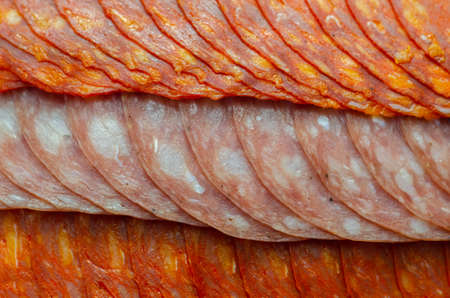 Set of three sliced Spanish sausages, two kind of chorizo and salchichon, cured and dried pork salami sausages, delicious meatの写真素材