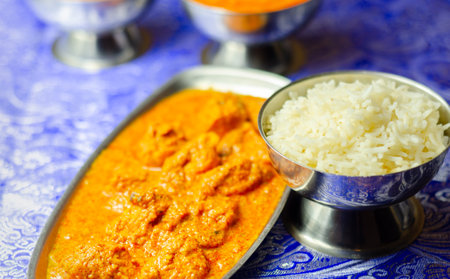 Traditional Indian food, tasty chicken Tikka Masala with Basmati rice, delicious mealの写真素材