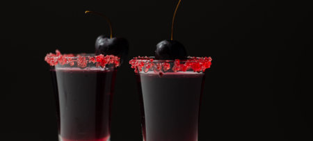 Ruby red cocktail based on vodka, cherry liqueur and syrup in drink shot glass, decorated with fresh cherry and red sugar, sweet drinkの写真素材