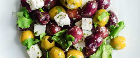 Fresh Greek salad based on green and black olives with pieces of white feta cheese and parsley, traditional Mediterranean cuisineの写真素材