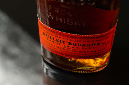 LONDON, UNITED KINGDOM - JANUARY 24, 2022 Bulleit Bourbon, a unique blend of rye, corn, and barley malt,  and pure Kentucky limestone filtered water, exquisite American whiskeyのeditorial素材
