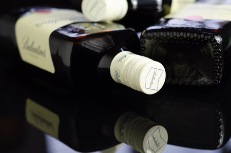 LONDON, UNITED KINGDOM - JANUARY 18, 2022  Characteristic square bottle Ballentines Finest with blended whisky produced by Pernod Ricard in Dumbarton, Scotlandのeditorial素材