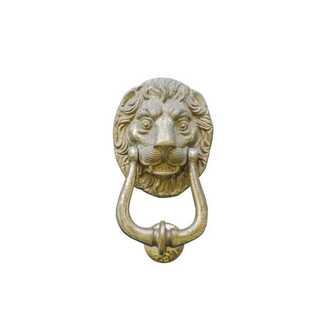 Original brass knocker in the shape of a lion's head, knocker isolated on white backgroundの写真素材