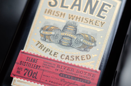 LONDON, UNITED KINGDOM - JANUARY 25, 2022 Characteristic black bottle Slane Irish whiskey, blend of...