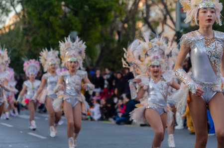 CARTAGENA, SPAIN - MARCH 2, 2019 A colorful carnival parade organized by the inhabitants of a famous...