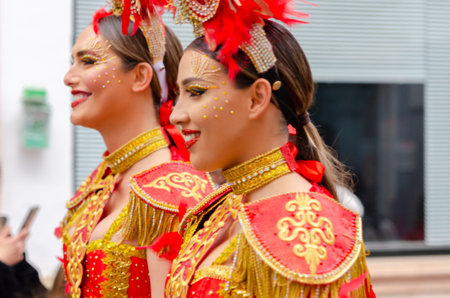 NERJA, SPAIN - FEBRUARY 26, 2022 Colorful carnival parade organized by the inhabitants of a famous...