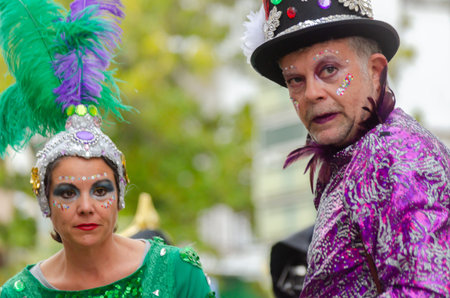 NERJA, SPAIN - FEBRUARY 26, 2022 Colorful carnival parade organized by the inhabitants of a famous town in the Malaga regionのeditorial素材