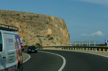 ALMERIA, SPAIN - MAY 18, 2023 Canarete highway, national highway N-340A, the seaside alternative to connect the small Spanish town of Aguadulce with the western part of the capital city of Almeriaのeditorial素材