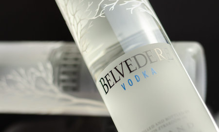 LONDON, UK - 08 JUNE  2023 A brand of Polish rye vodka produced and distributed by LVMH, named after Belweder, the Polish presidential palace in Warsaw, whose illustration appears on the bottlesのeditorial素材