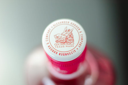 LONDON, UK - 21 JUNE 2023 Gordon's Pink is a combination of Gordon's gin with the natural sweetness of raspberries and strawberries, with the aftertaste of red currant in a beautiful pink colourのeditorial素材