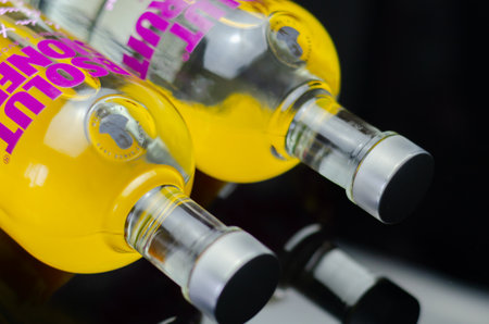 LONDON, UK - 11 JULY 2023 Absolut Passionfruit, the bottle design is characterized by freehand brushstrokes and vibrant colours that abstractly and very beautifully visualize the essence of the passion fruitのeditorial素材