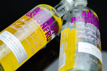 LONDON, UK - 11 JULY 2023 Absolut Passionfruit, the bottle design is characterized by freehand brushstrokes and vibrant colours that abstractly and very beautifully visualize the essence of the passion fruitのeditorial素材