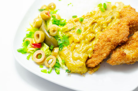 Fried chicken fillet in breadcrumbs served with katsu sauce, rice and salad, tasty foodの写真素材