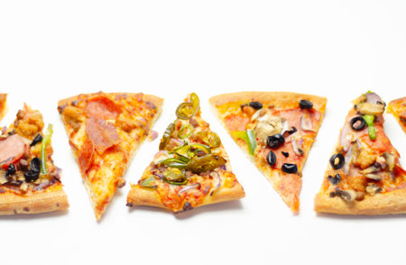 Different slices of pizza with pepperoni, ham, mushrooms, mozzarella and olives, traditional Italian...
