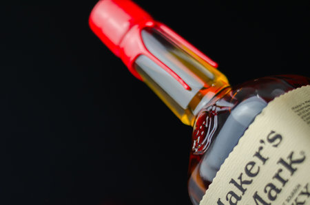 LONDON, UNITED KINGDOM - JULY 24, 2022 The original Maker's Mark in a characteristic squarish bottle sealed with red wax, famous American whiskyのeditorial素材