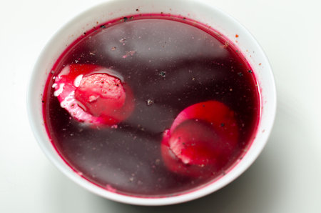 Beetroot red soup, borscht. Traditional Ukrainian, Polish or  Russian borscht with boiled egg, tasty mealの写真素材