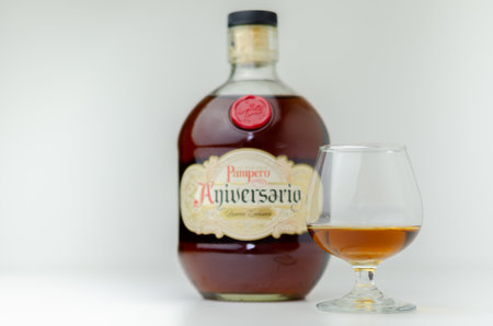 LONDON, UNITED KINGDOM - JUNE 28, 2022 The bottle Ron Pampero Aniversario Rum contains a carefully selected selection of aged rums aged for 12 years in American oak barrelsのeditorial素材