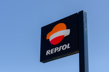 SAN JOSE, SPAIN - 23 MAY 2023 Point of fuel Repsol  supply to ships stationed in the bay in the town of San Jose, in the centre of Parque Natural de Cabo de Gata, Almeria provinceのeditorial素材