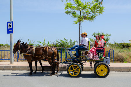 NERJA, SPAIN - 15 MAY 2022 City residents, carriages, carts, horses, oxen and tractors, as well as local farmers coming from neighbouring villages all dressed in the best and most beautiful traditional folk costumesのeditorial素材