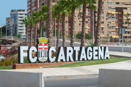 CARTAGENA, SPAIN -  19 SEPTEMBER 2022  The signboard FC Cartagena, the club founded in 1995 as a continuation of the Cartagena CF club founded in 1919, has a capacity of 15 105 spectatorsのeditorial素材