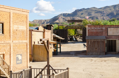 ALMERIA, SPAIN - 17 DECEMBER 2022 The architecture along with unique, beautiful and mysterious landscapes straight from the Wild West, created in the desert area around Tabernas near Almeriaのeditorial素材