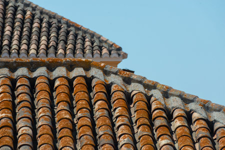 Traditional old Spanish ceramic roof tiles on a building, characteristic elements of Mediterranean architecture, vintageの写真素材
