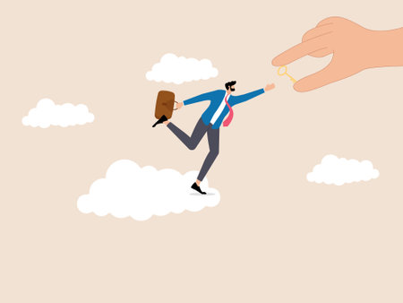 Take the key in the cloud reflects the spirit of daring to face risks to achieve business goalsのイラスト素材