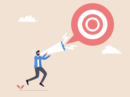 A man is shouting through a loudspeaker towards an arrow target. This illustration symbolizes announcing new goals or resolutions with determination.のイラスト素材