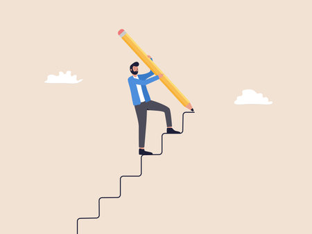 A determined businessman ascends stairs towards success, wielding a colossal pencil to construct his path to achievement. A motivating illustration for career endeavors and triumphs.のイラスト素材