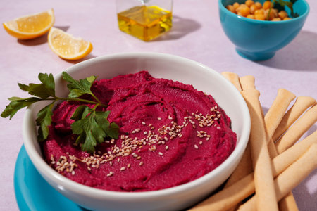 high angel delicious hummus with vegetables arrangementの写真素材