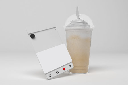 Coffee Cups and Social media Screen With White Backgroundの写真素材