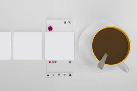 Coffee Cups and Social media Screen With White Backgroundの写真素材
