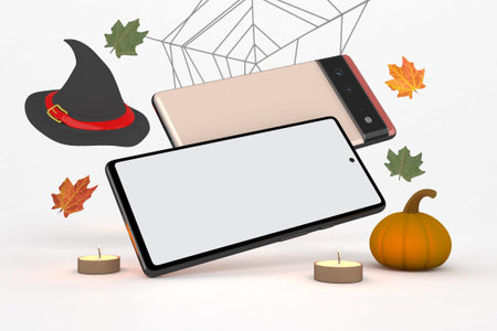 Mobile With Halloween Backgroundの写真素材